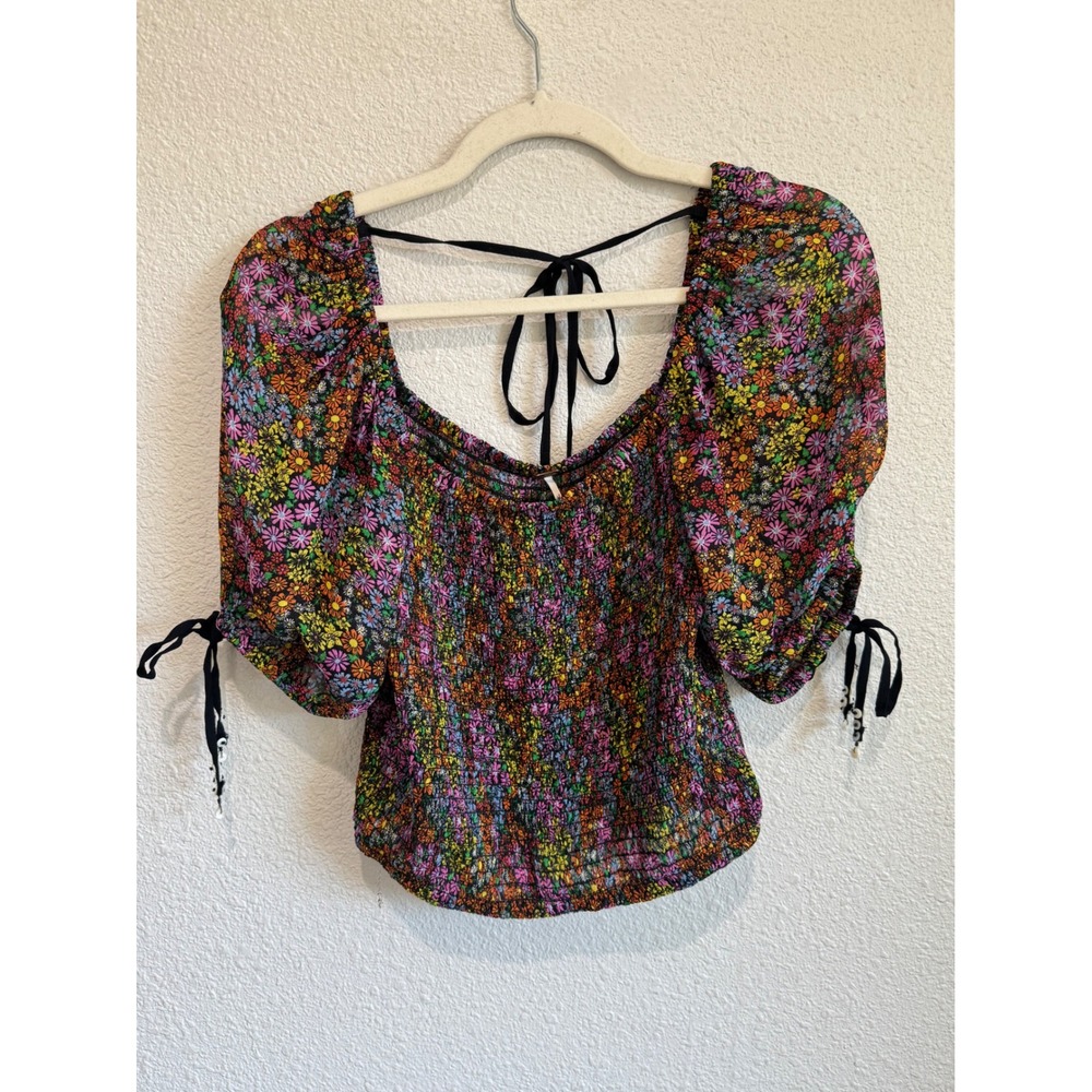 Free People XS Back on Top Floral Smocked Puff Sleeve Tie Back Crop Top XS Boho